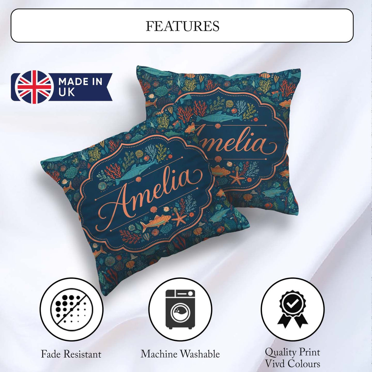 Custom Name Vibrant Deep Sea Marine Life Fish Coral Pattern Name Square Filled Cushion Throw Pillow Sofa Bed Home Decor Zip Washable UK Made