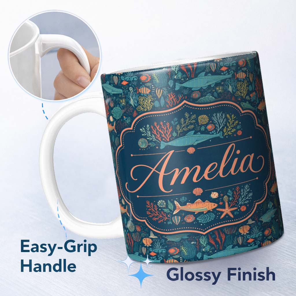 Personalized Custom Name Vibrant Deep Sea Marine Life Fish Coral Seamless Pattern Name Cute 11oz Ceramic Coffee Tea Mug White Large Handle