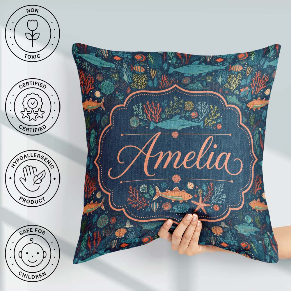 Custom Name Vibrant Deep Sea Marine Life Fish Coral Pattern Name Square Filled Cushion Throw Pillow Sofa Bed Home Decor Zip Washable UK Made