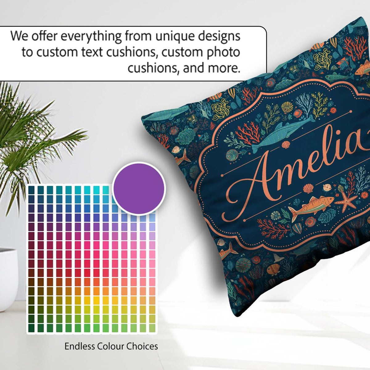 Custom Name Vibrant Deep Sea Marine Life Fish Coral Pattern Name Square Filled Cushion Throw Pillow Sofa Bed Home Decor Zip Washable UK Made