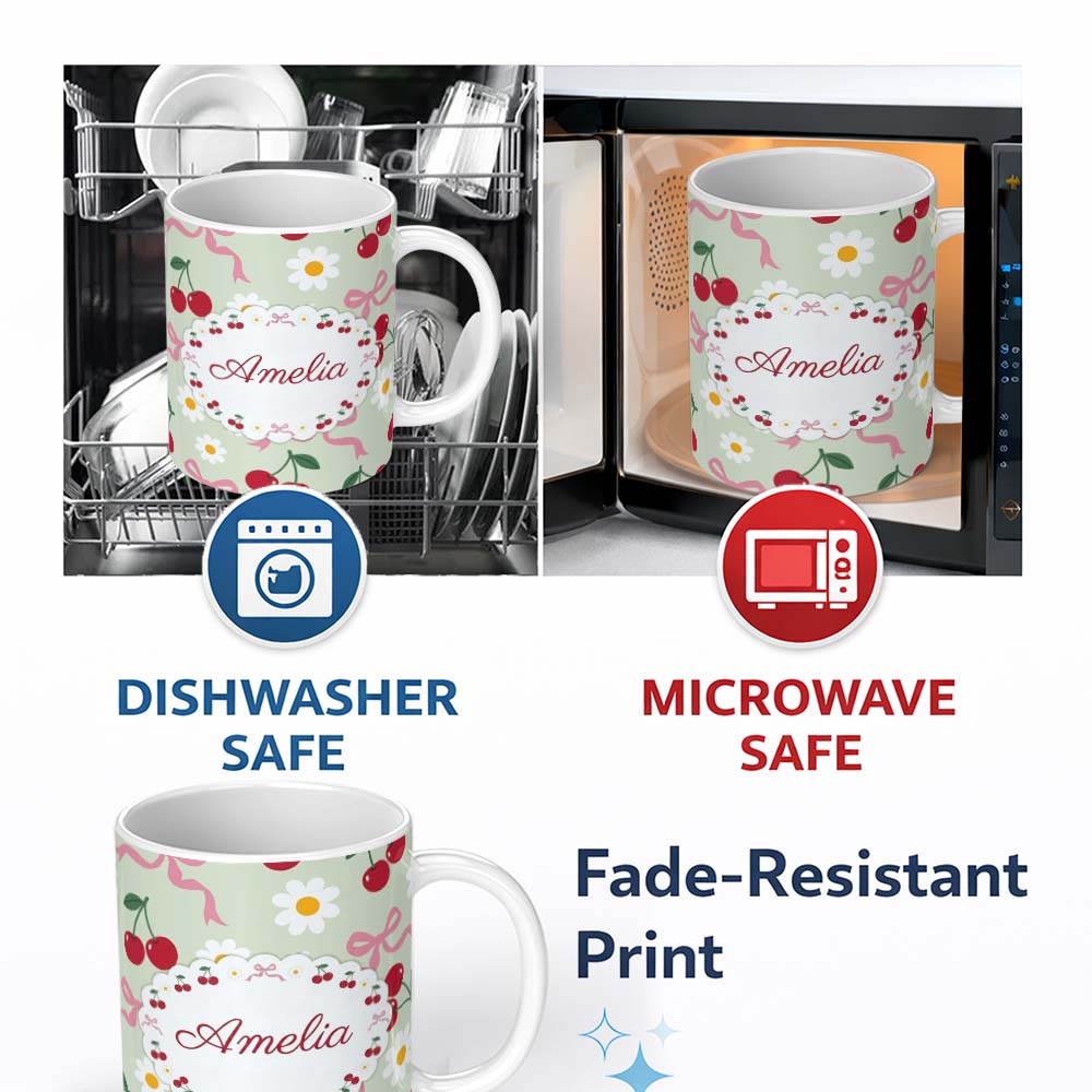 Personalized Custom Name Cute Cherry and Daisy Flowers with Pink Ribbon Bows Sage Green 11oz Ceramic Coffee Tea Mug White Large Handle