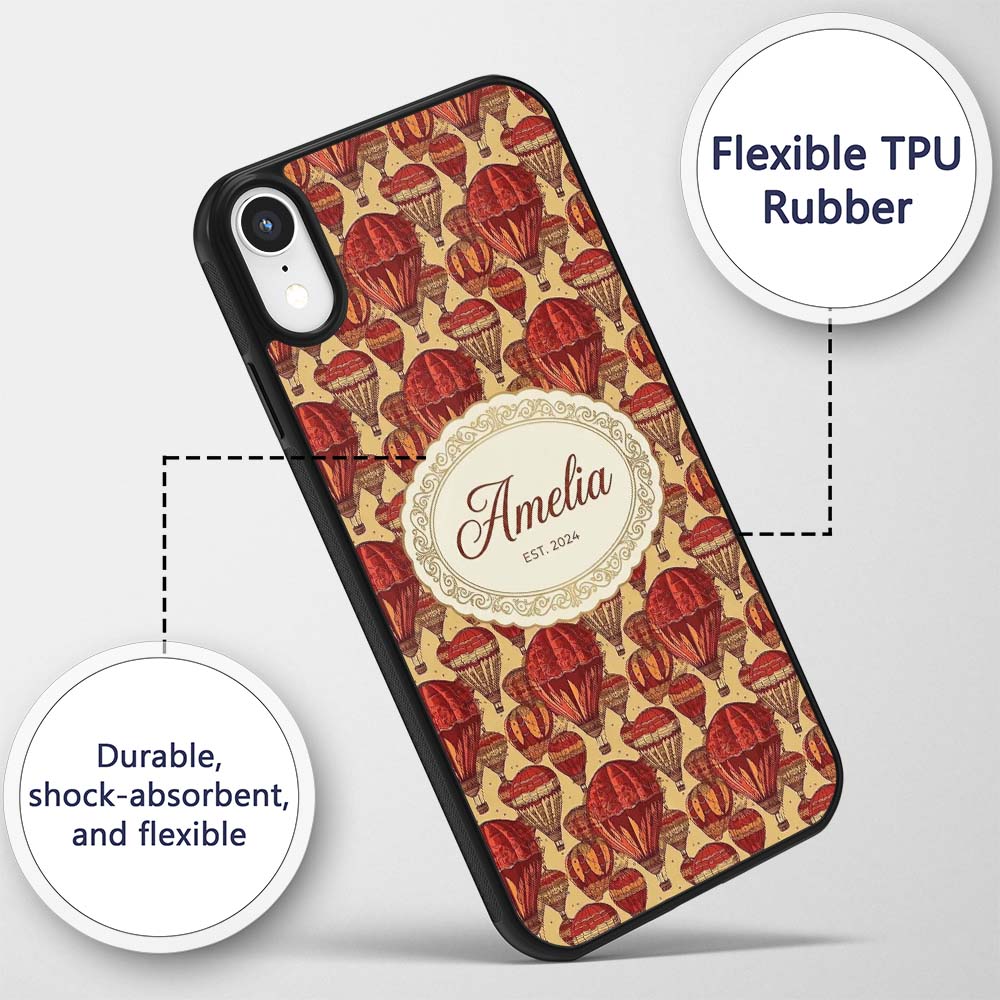 Vintage Red Hot Air Balloons Sky Travel Seamless Custom Name Protective Phone Case Mobile Cover Durable Everyday Smartphone Shock Resistant