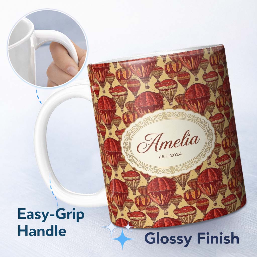 Personalized Custom Name Vintage Red Hot Air Balloons Sky Travel Seamless Pattern Name Cute 11oz Ceramic Coffee Tea Mug White Large Handle