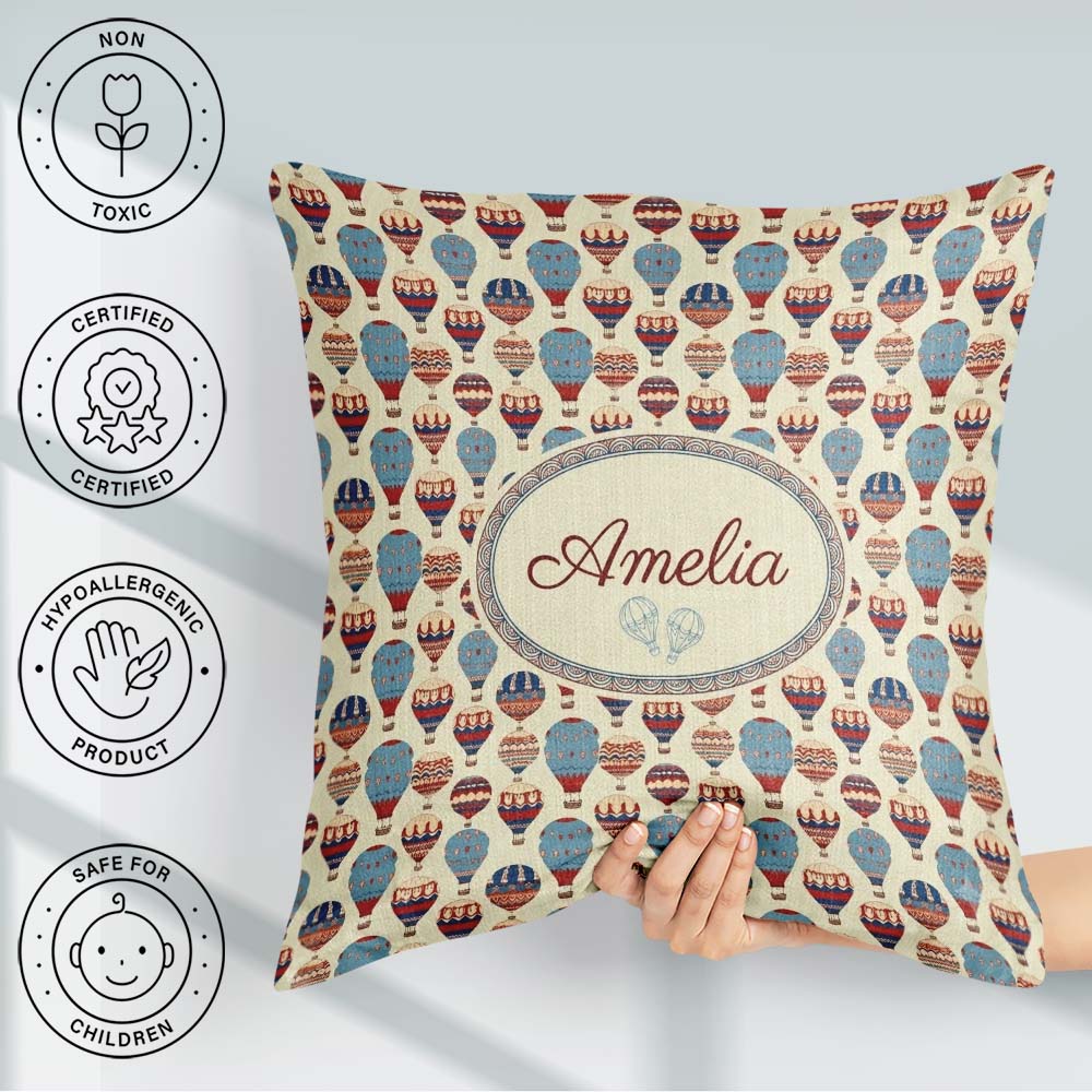 Custom Name Colorful Blue Red Hot Air Balloons Pattern Name Cute Square Filled Cushion Throw Pillow Sofa Bed Home Decor Zip Washable UK Made