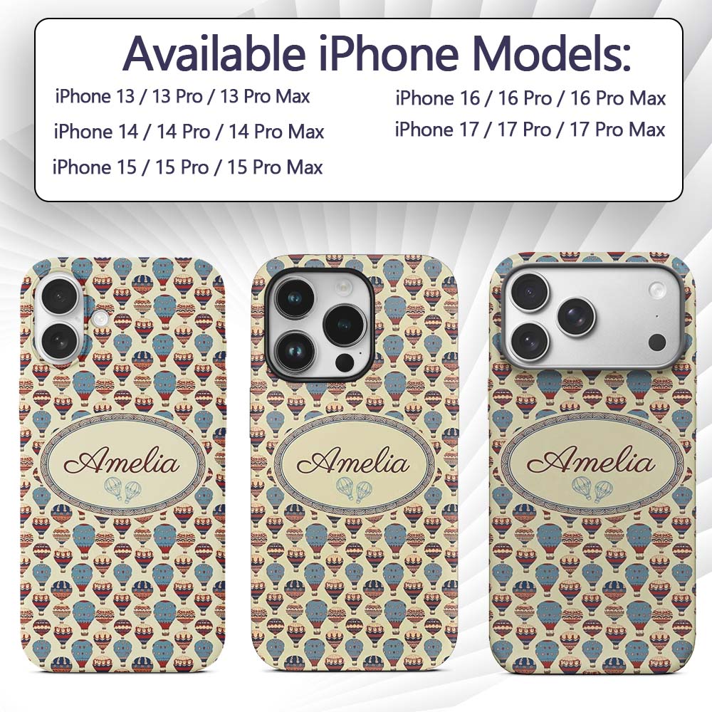 Colorful Blue Red Hot Air Balloons Printed Design Custom Name Protective Phone Case Mobile Cover Durable Everyday Smartphone Shock Resistant