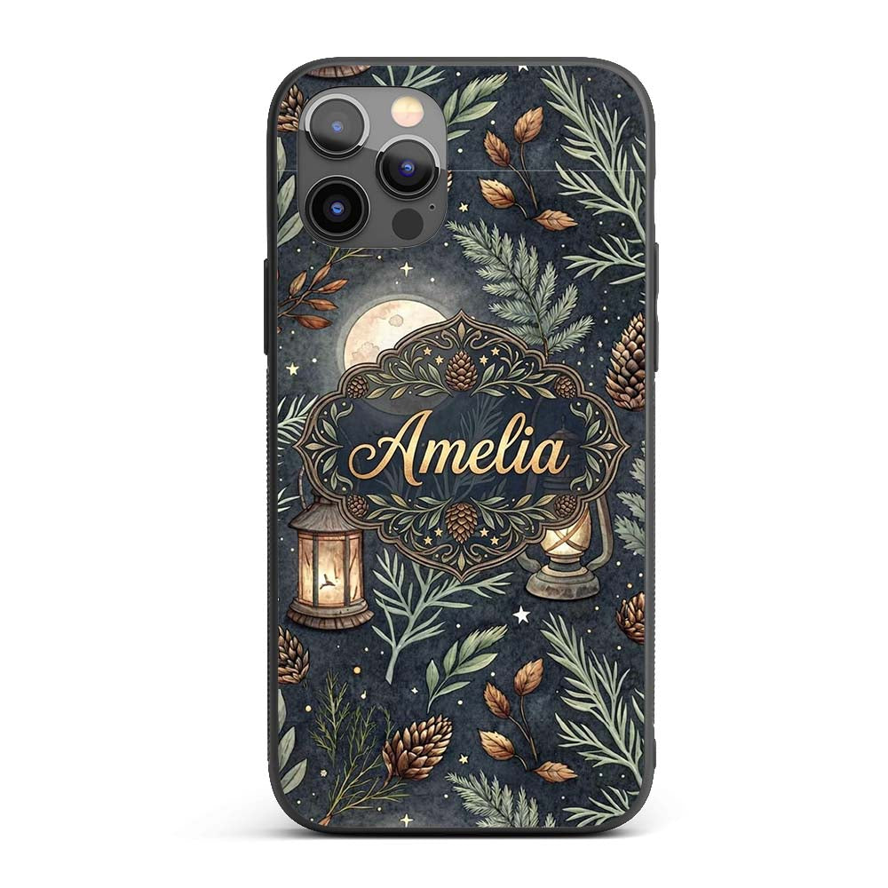 Celestial Lantern Moon Pine Leaves Night Seamless Custom Name Protective Phone Case Mobile Cover Durable Everyday Smartphone Shock Resistant