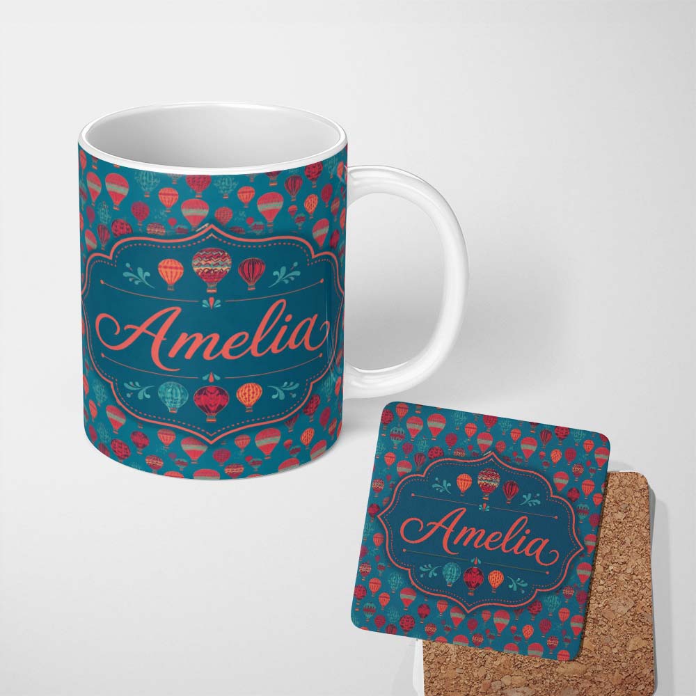 Personalized Custom Name Bright Red Teal Hot Air Balloon Sky Seamless Pattern Name Cute 11oz Ceramic Coffee Tea Mug White Large Handle