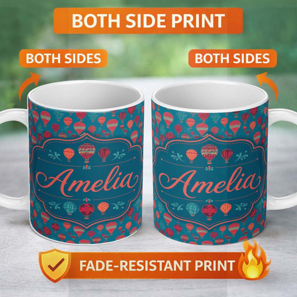 Personalized Custom Name Bright Red Teal Hot Air Balloon Sky Seamless Pattern Name Cute 11oz Ceramic Coffee Tea Mug White Large Handle