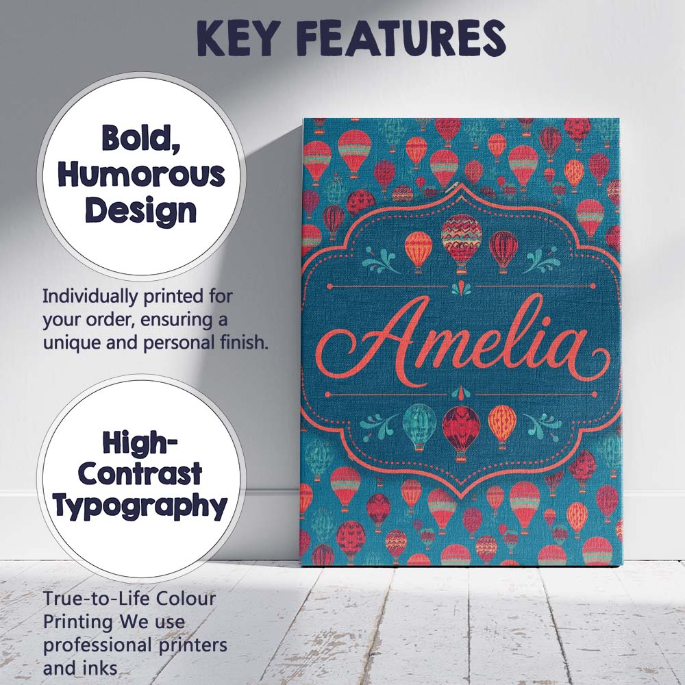 Personalised Name Bright Red Teal Hot Air Custom Unique Gift Idea Elegant Feature Canvas Wall Art Print Decor Picture Ready to Hang