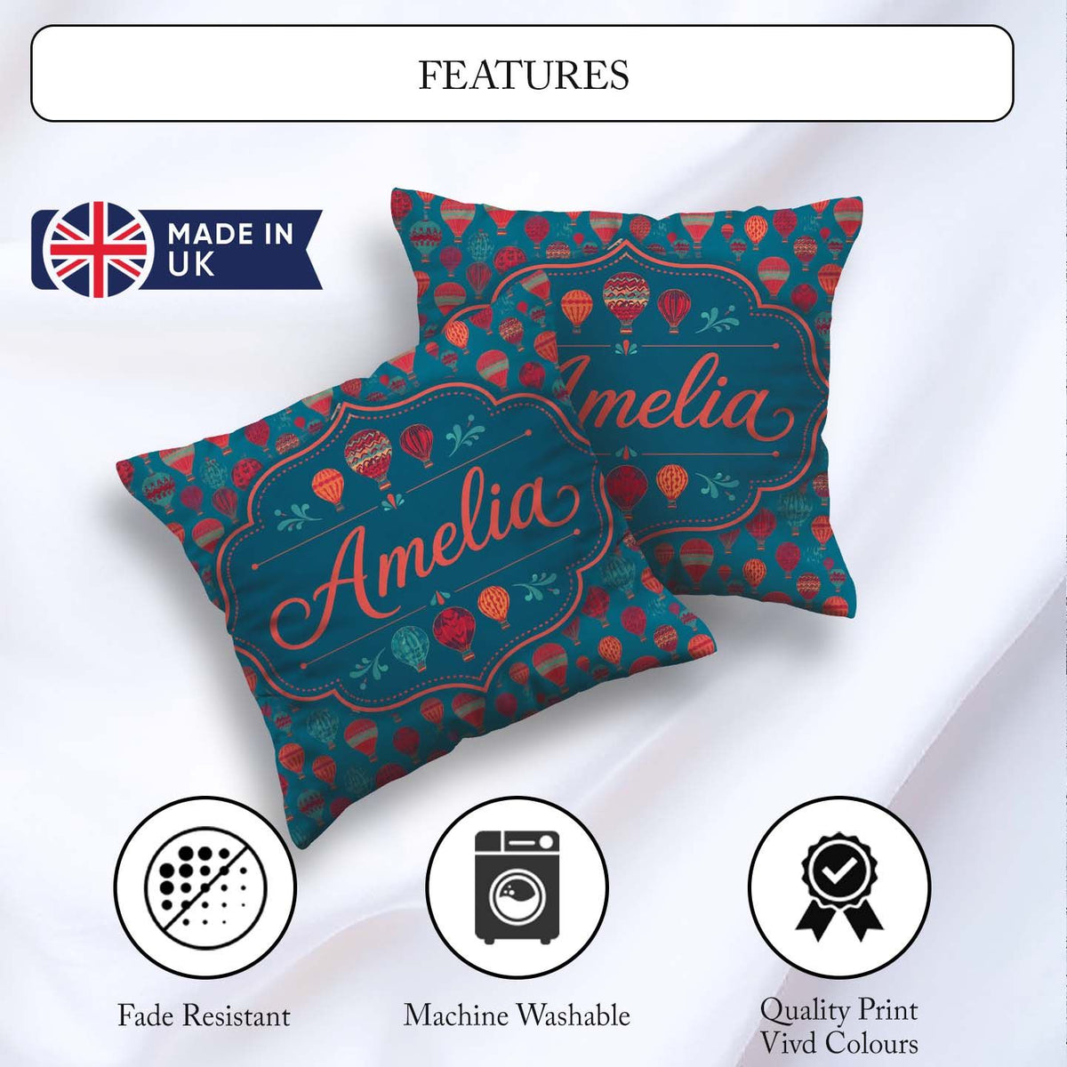 Custom Name Bright Red Teal Hot Air Balloon Sky Seamless Pattern Square Filled Cushion Throw Pillow Sofa Bed Home Decor Zip Washable UK Made