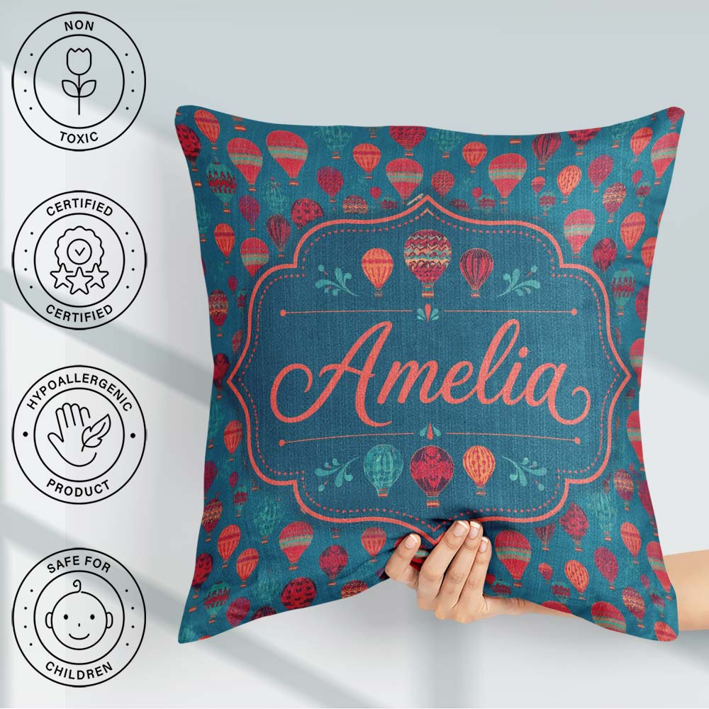 Custom Name Bright Red Teal Hot Air Balloon Sky Seamless Pattern Square Filled Cushion Throw Pillow Sofa Bed Home Decor Zip Washable UK Made