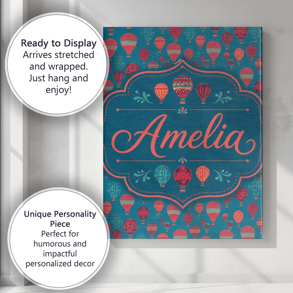 Personalised Name Bright Red Teal Hot Air Custom Unique Gift Idea Elegant Feature Canvas Wall Art Print Decor Picture Ready to Hang