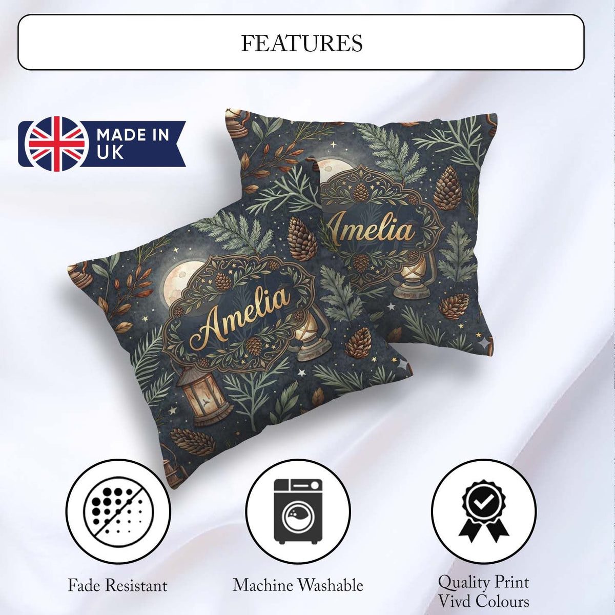 Custom Name Celestial Lantern Moon Leaves Night Seamless Pattern Square Filled Cushion Throw Pillow Sofa Bed Home Decor Zip Washable UK Made