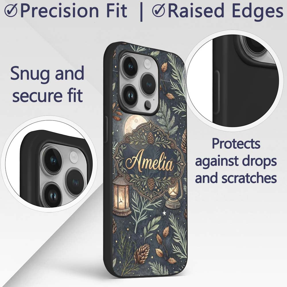 Celestial Lantern Moon Pine Leaves Night Seamless Custom Name Protective Phone Case Mobile Cover Durable Everyday Smartphone Shock Resistant