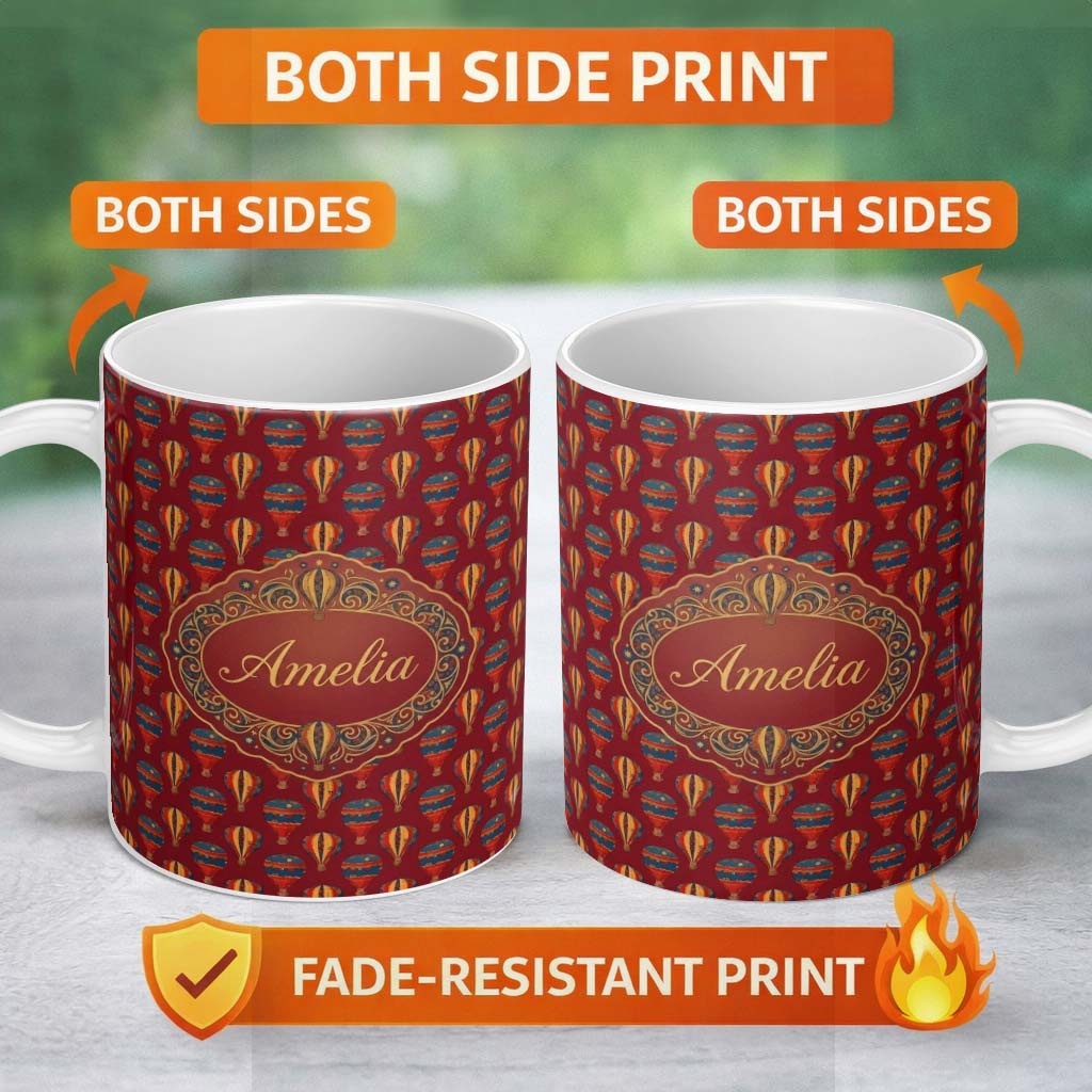 Personalized Custom Name Classic Vintage Hot Air Balloon Red Background Seamless Pattern 11oz Ceramic Coffee Tea Mug White Large Handle