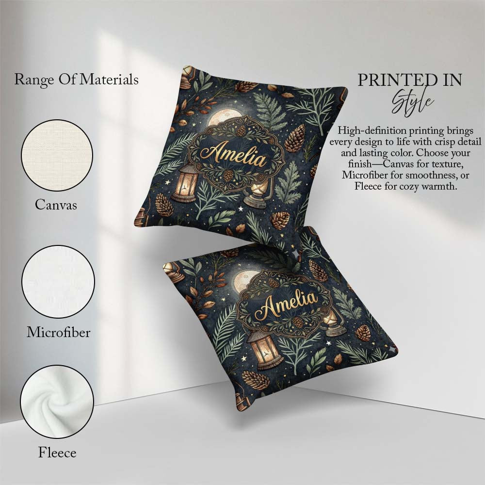 Custom Name Celestial Lantern Moon Leaves Night Seamless Pattern Square Filled Cushion Throw Pillow Sofa Bed Home Decor Zip Washable UK Made