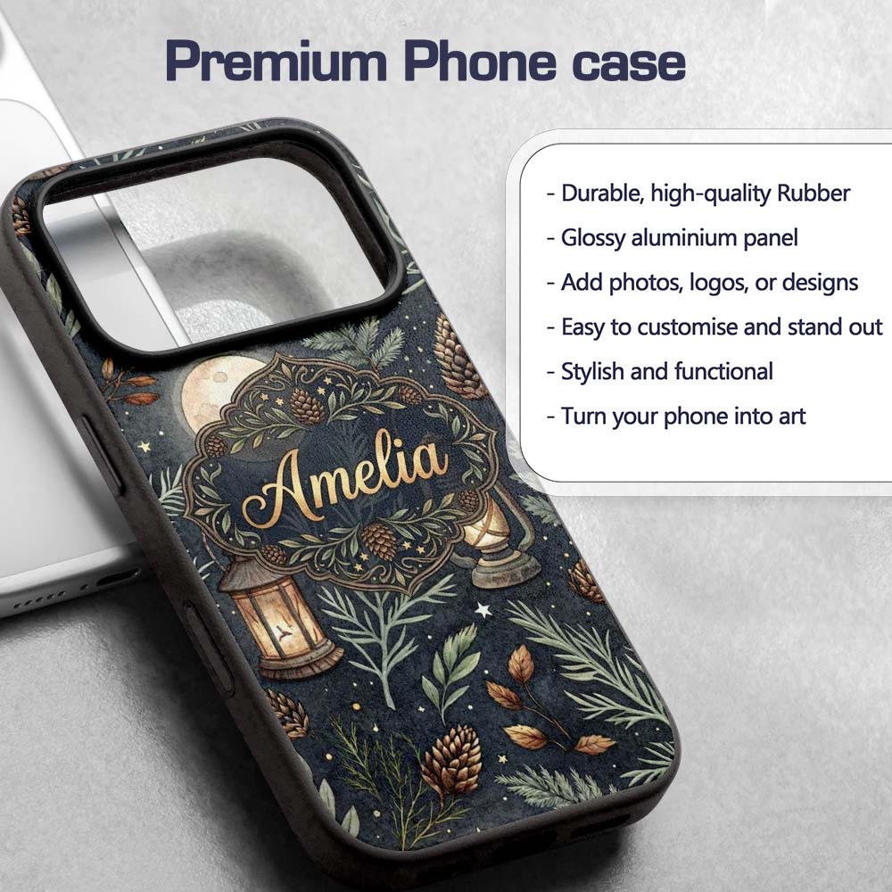Celestial Lantern Moon Pine Leaves Night Seamless Custom Name Protective Phone Case Mobile Cover Durable Everyday Smartphone Shock Resistant