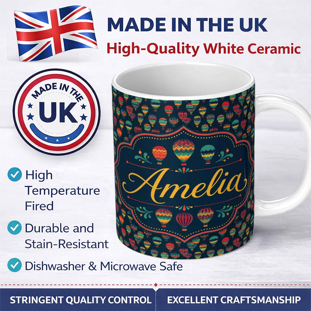 Personalized Custom Name Dark Background Colorful Hot Air Balloons Seamless Pattern Name Cute 11oz Ceramic Coffee Tea Mug White Large Handle