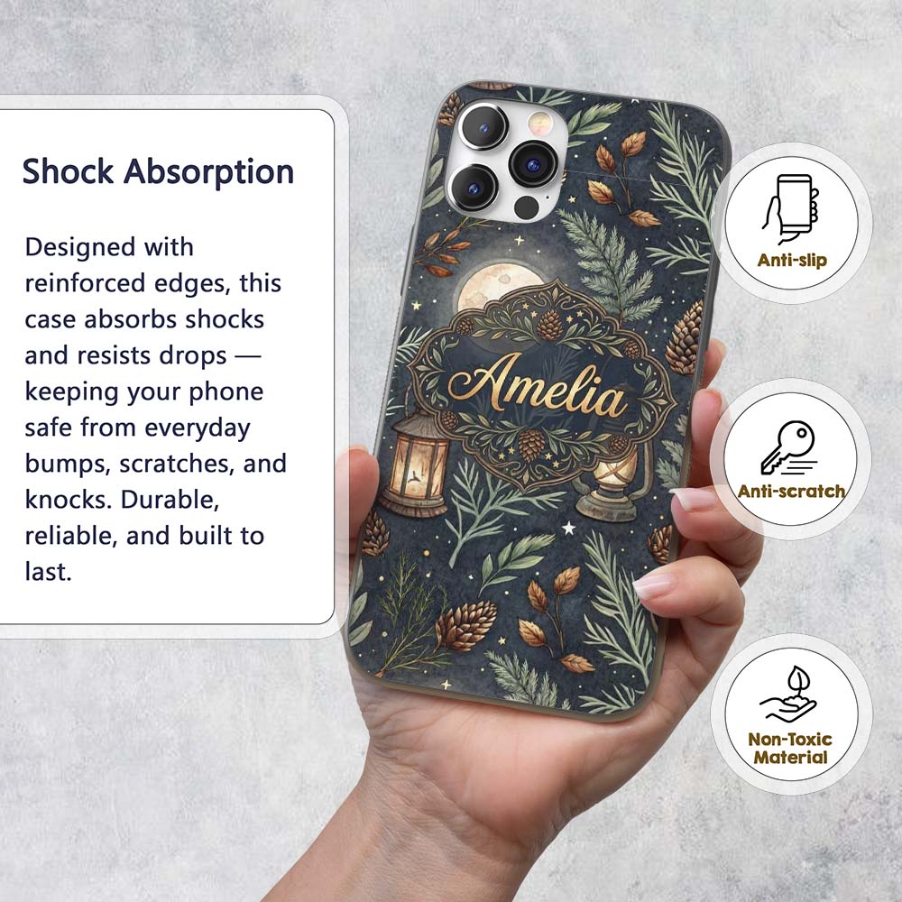 Celestial Lantern Moon Pine Leaves Night Seamless Custom Name Protective Phone Case Mobile Cover Durable Everyday Smartphone Shock Resistant