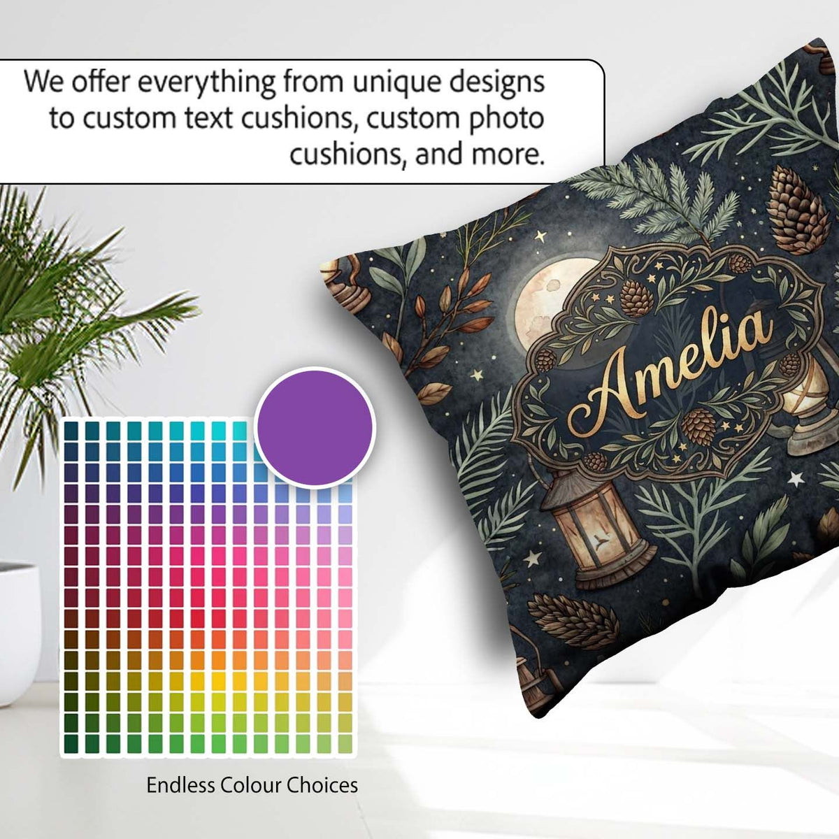 Custom Name Celestial Lantern Moon Leaves Night Seamless Pattern Square Filled Cushion Throw Pillow Sofa Bed Home Decor Zip Washable UK Made
