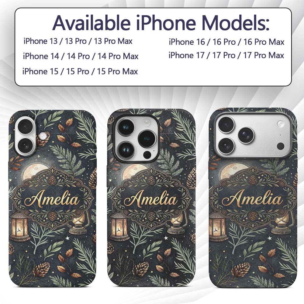 Celestial Lantern Moon Pine Leaves Night Seamless Custom Name Protective Phone Case Mobile Cover Durable Everyday Smartphone Shock Resistant