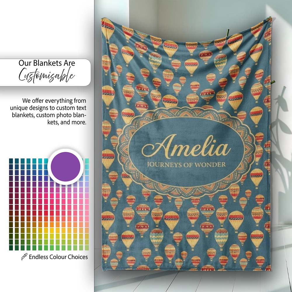 Vintage Style Hot Air Balloons on Teal Sky Seamless Pattern Name Personalised Custom Name Super Soft Fleece Blanket Bed Sofa Throw