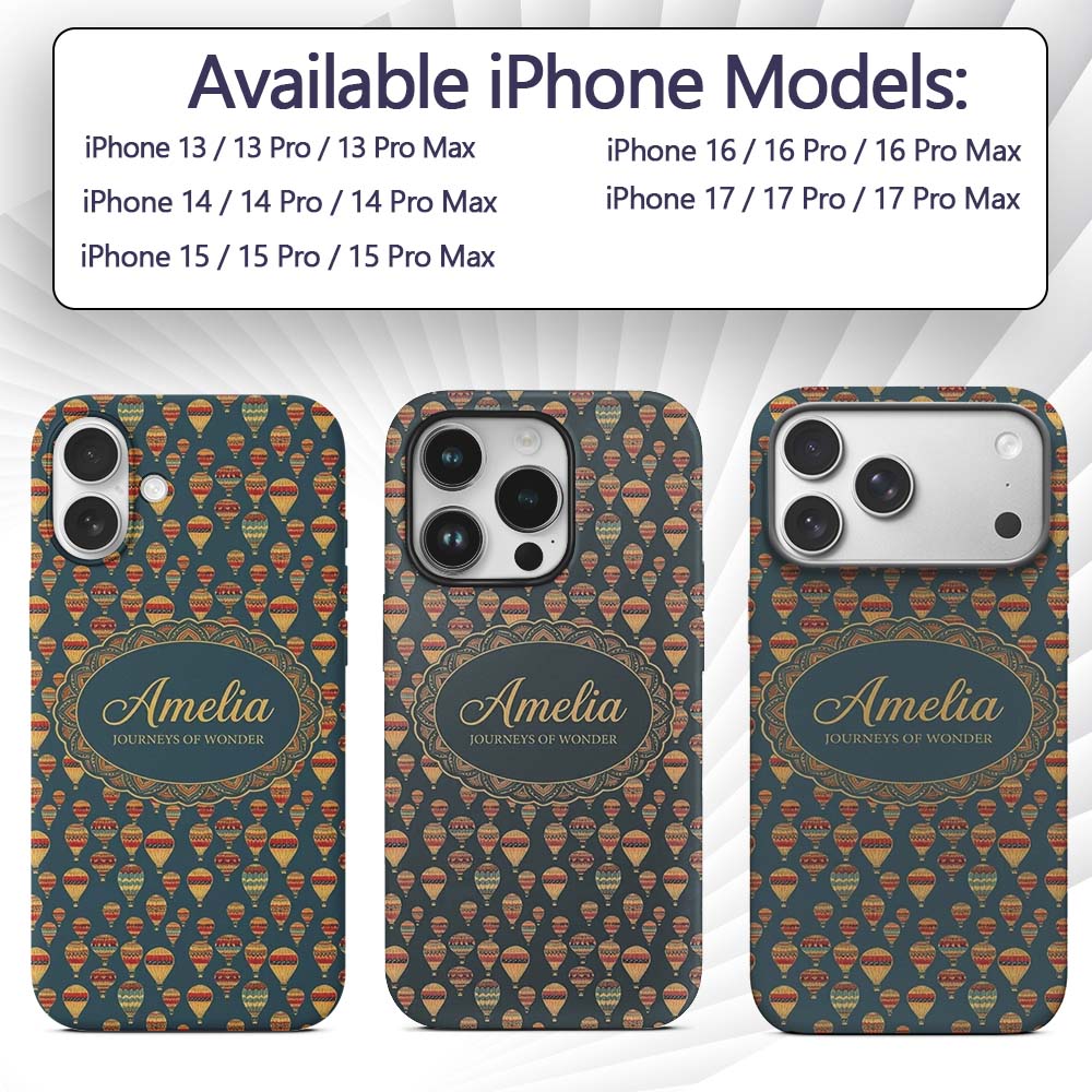 Vintage Style Hot Air Balloons on Printed Design Custom Name Protective Phone Case Mobile Cover Durable Everyday Smartphone Shock Resistant