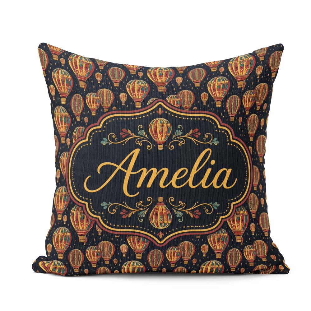 Custom Name Ornate Night Sky Hot Air Balloons Seamless Name Cute Square Filled Cushion Throw Pillow Sofa Bed Home Decor Zip Washable UK Made
