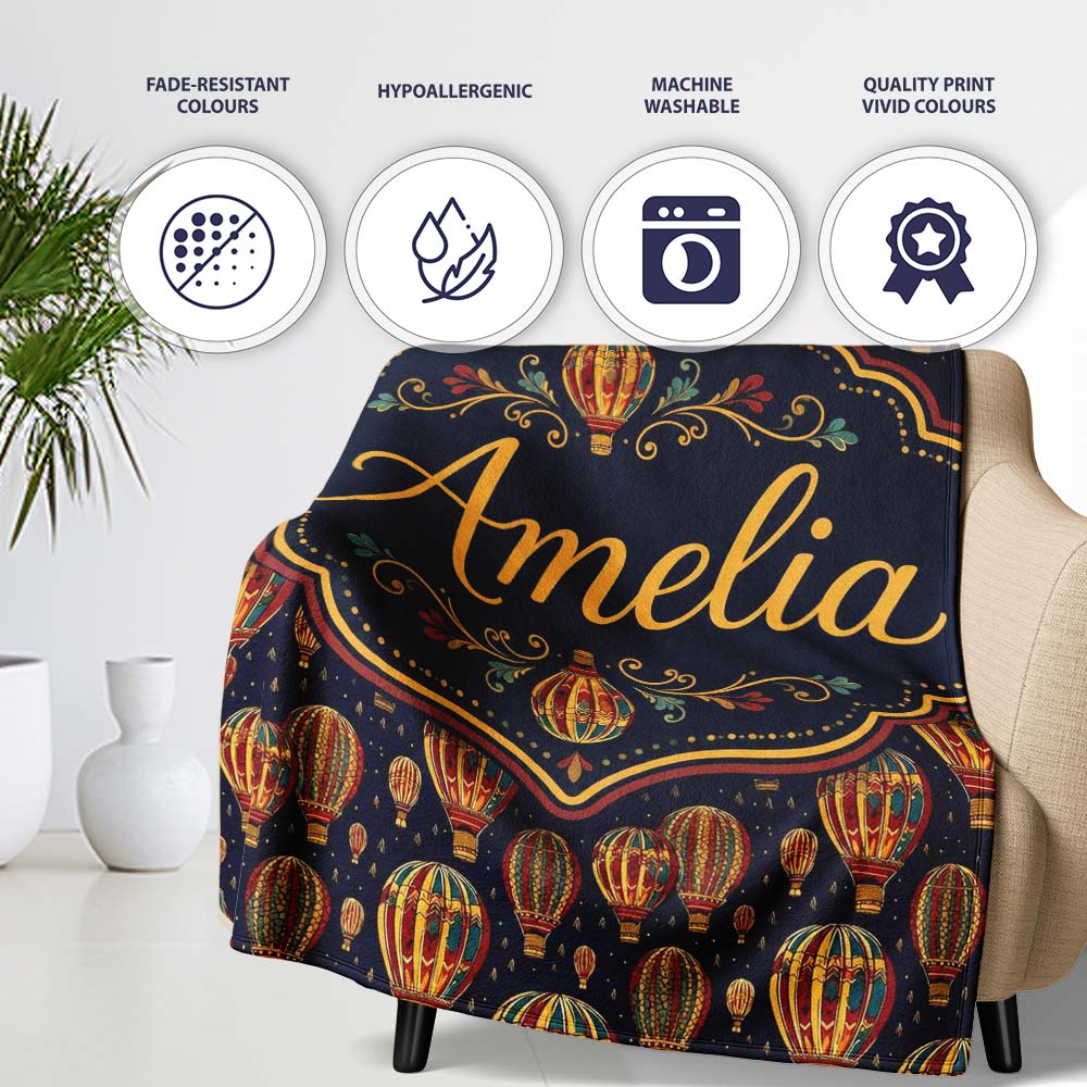 Ornate Night Sky Hot Air Balloons Vintage Seamless Pattern Name Cute Personalised Custom Name Super Soft Fleece Blanket Bed Sofa Throw