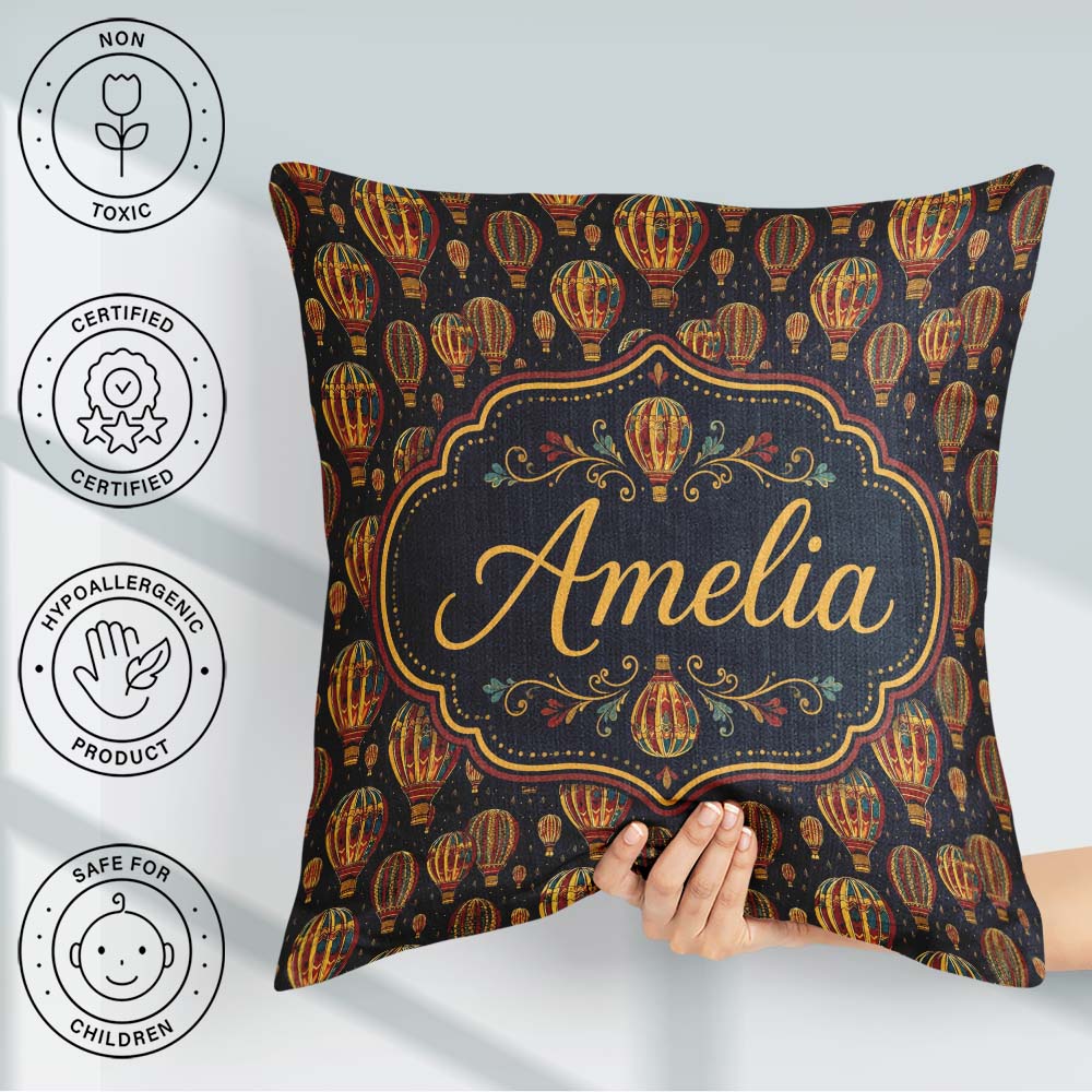 Custom Name Ornate Night Sky Hot Air Balloons Seamless Name Cute Square Filled Cushion Throw Pillow Sofa Bed Home Decor Zip Washable UK Made