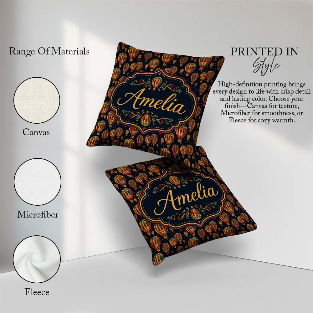 Custom Name Ornate Night Sky Hot Air Balloons Seamless Name Cute Square Filled Cushion Throw Pillow Sofa Bed Home Decor Zip Washable UK Made