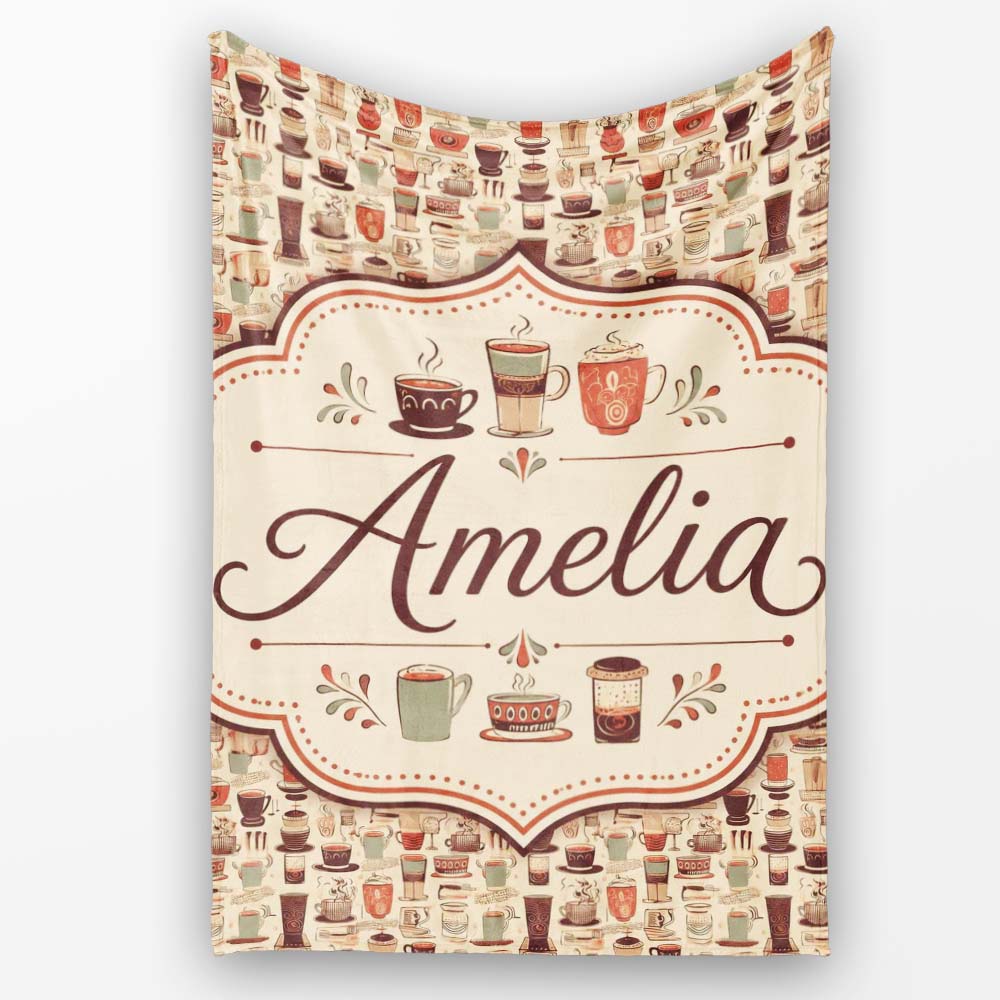 Coffee Cups Utensils Seamless Pattern Cute Personalised Custom Name Super Soft Fleece Blanket Bed Sofa Throw