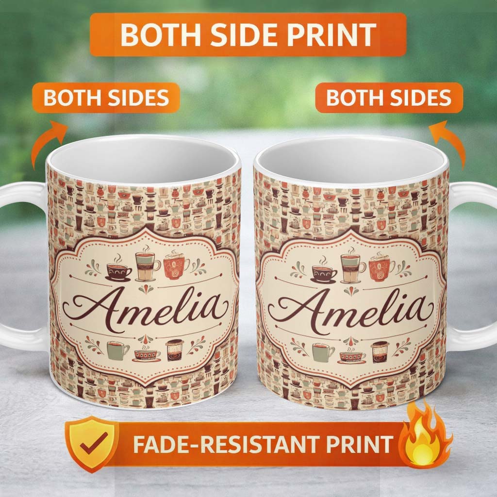 Personalized Custom Name Coffee Cups Kitchen Utensils Seamless Pattern Custom Name Cute 11oz Ceramic Coffee Tea Mug White Large Handle