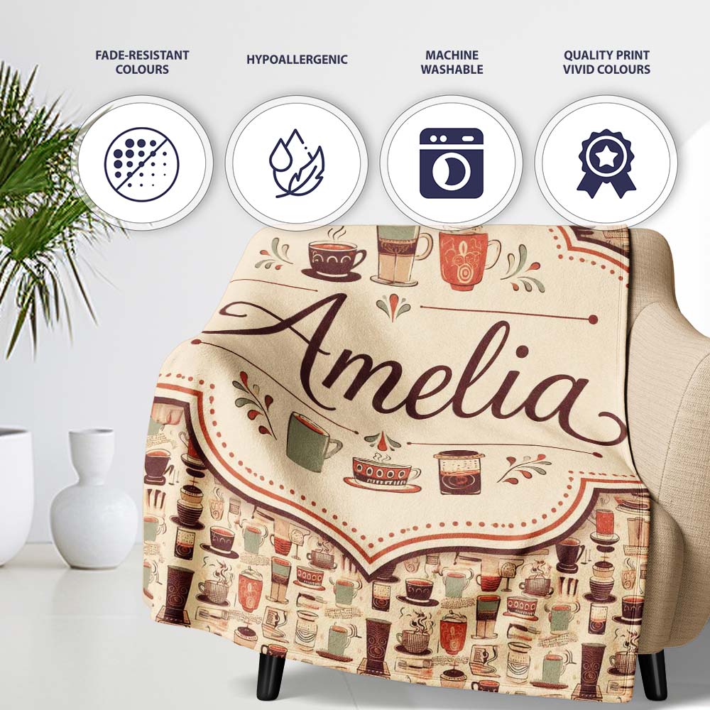 Coffee Cups Utensils Seamless Pattern Cute Personalised Custom Name Super Soft Fleece Blanket Bed Sofa Throw