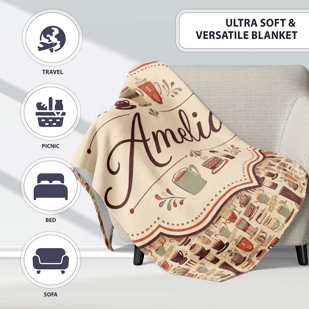Coffee Cups Utensils Seamless Pattern Cute Personalised Custom Name Super Soft Fleece Blanket Bed Sofa Throw