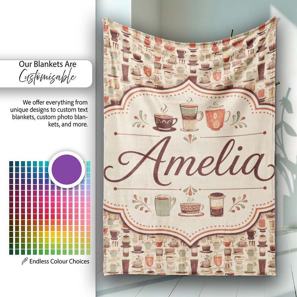 Coffee Cups Utensils Seamless Pattern Cute Personalised Custom Name Super Soft Fleece Blanket Bed Sofa Throw