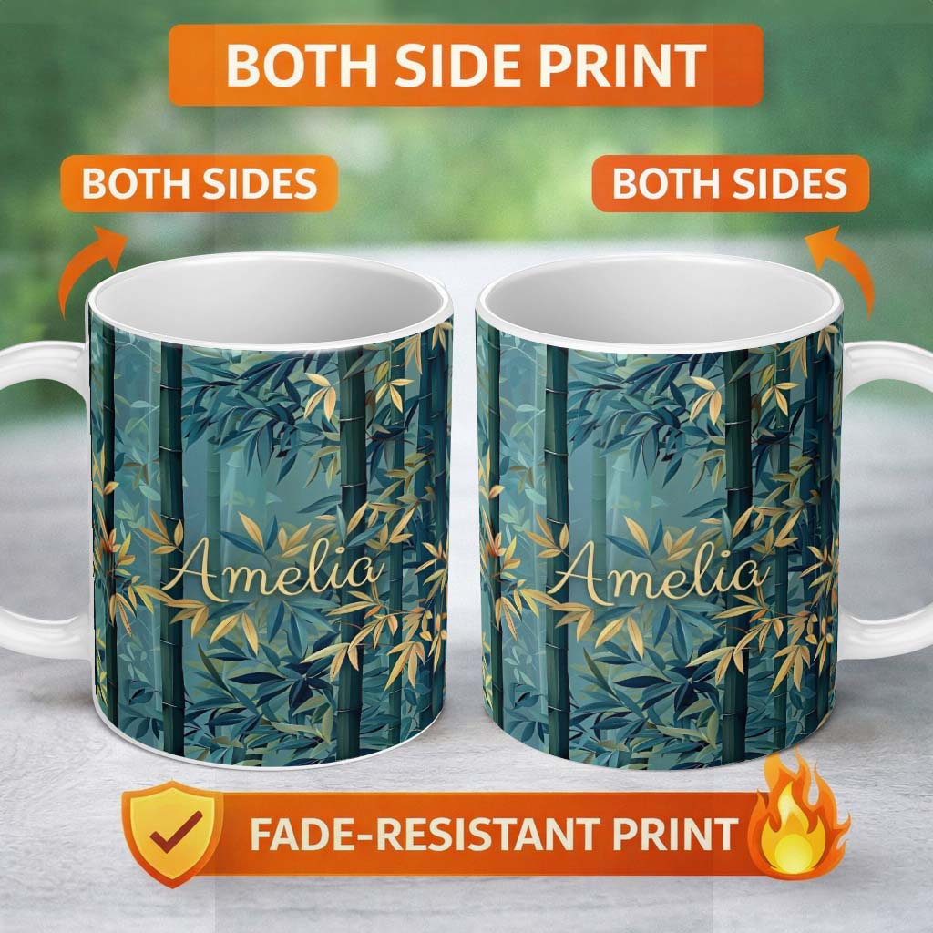 Personalized Custom Name Serene Bamboo Forest with Soft Mist Pattern Asian Nature Botanical 11oz Ceramic Coffee Tea Mug White Large Handle