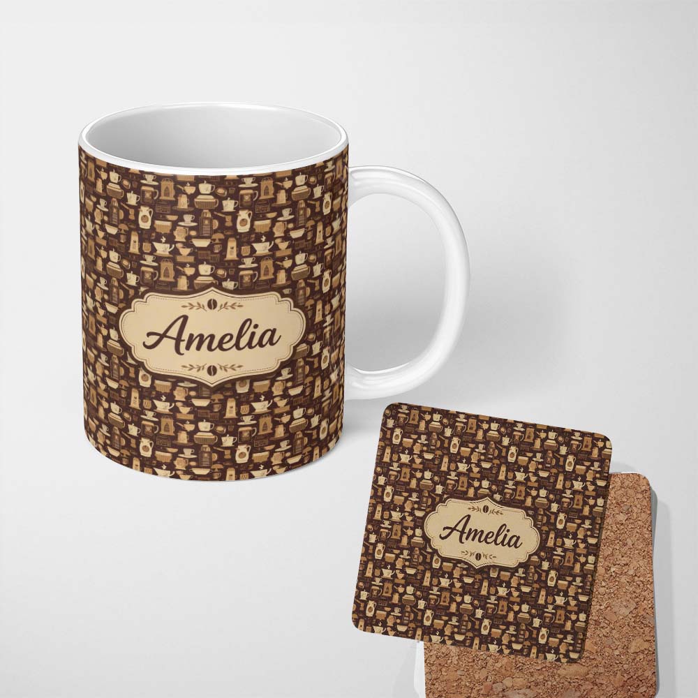 Personalized Custom Name Classic Brown Coffee Maker Cups Vintage Seamless Pattern Name Cute 11oz Ceramic Coffee Tea Mug White Large Handle