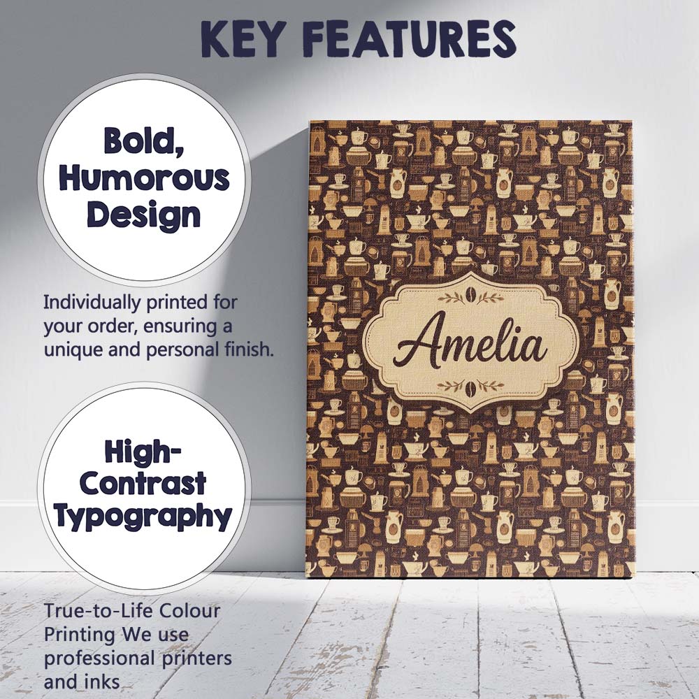Personalised Name Classic Brown Coffee Custom Modern Room Accent Elegant Feature Canvas Wall Art Print Decor Picture Ready to Hang