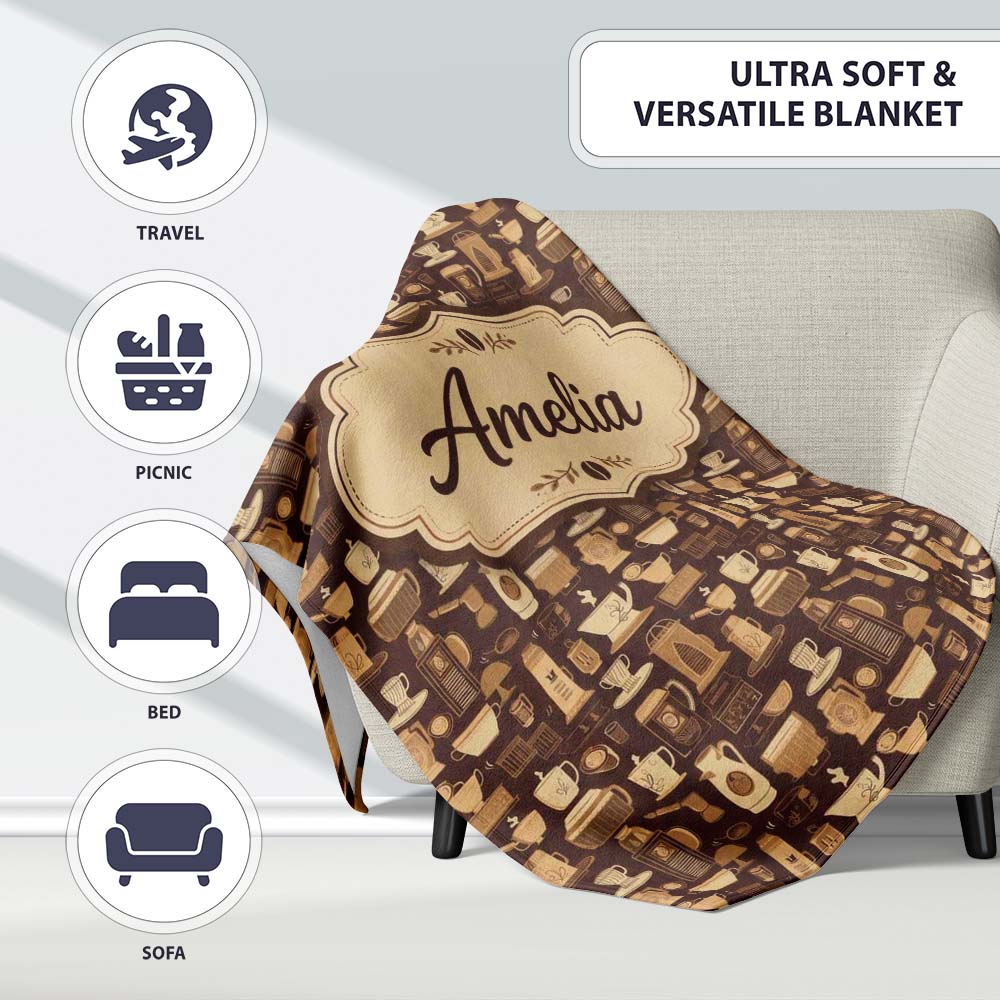 Classic Brown Coffee Maker Cups Vintage Seamless Pattern Name Cute Personalised Custom Name Super Soft Fleece Blanket Bed Sofa Throw