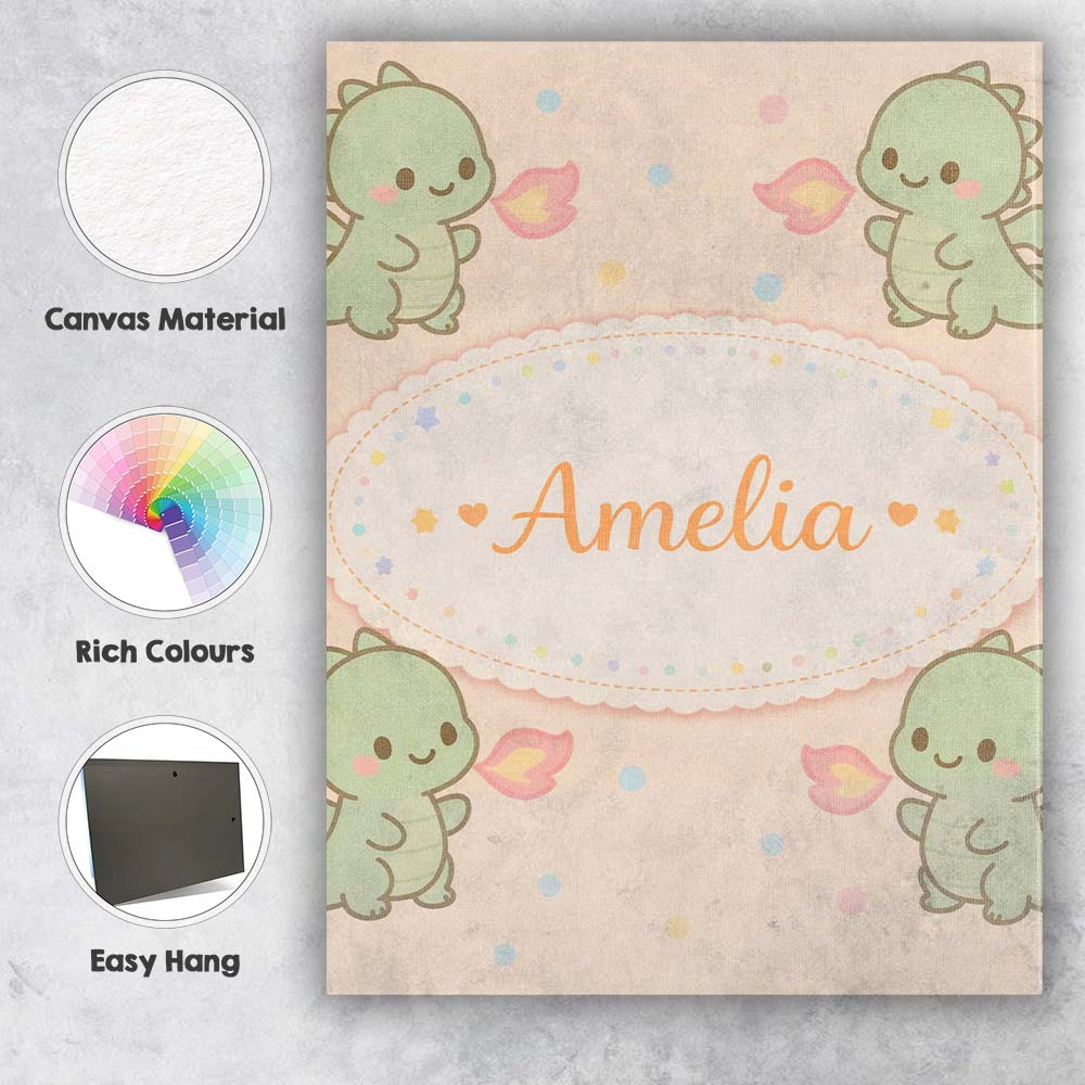 Personalised Name Cute Baby Dinosaur Cartoon Animal Pattern Thoughtful Custom Decorative Canvas Wall Art Print Decor Picture Ready to Hang