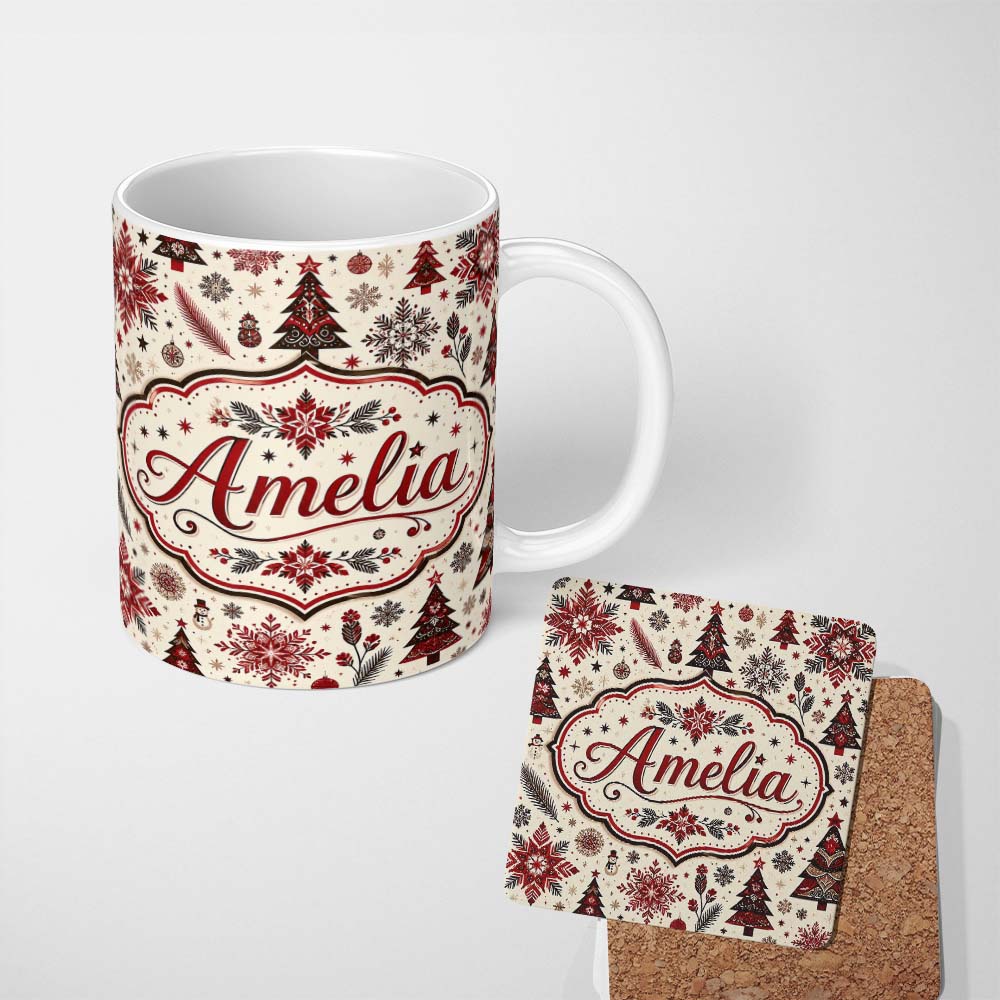 Personalized Custom Name Vintage Red Black Snowflakes and Christmas Trees Seamless Pattern 11oz Ceramic Coffee Tea Mug White Large Handle