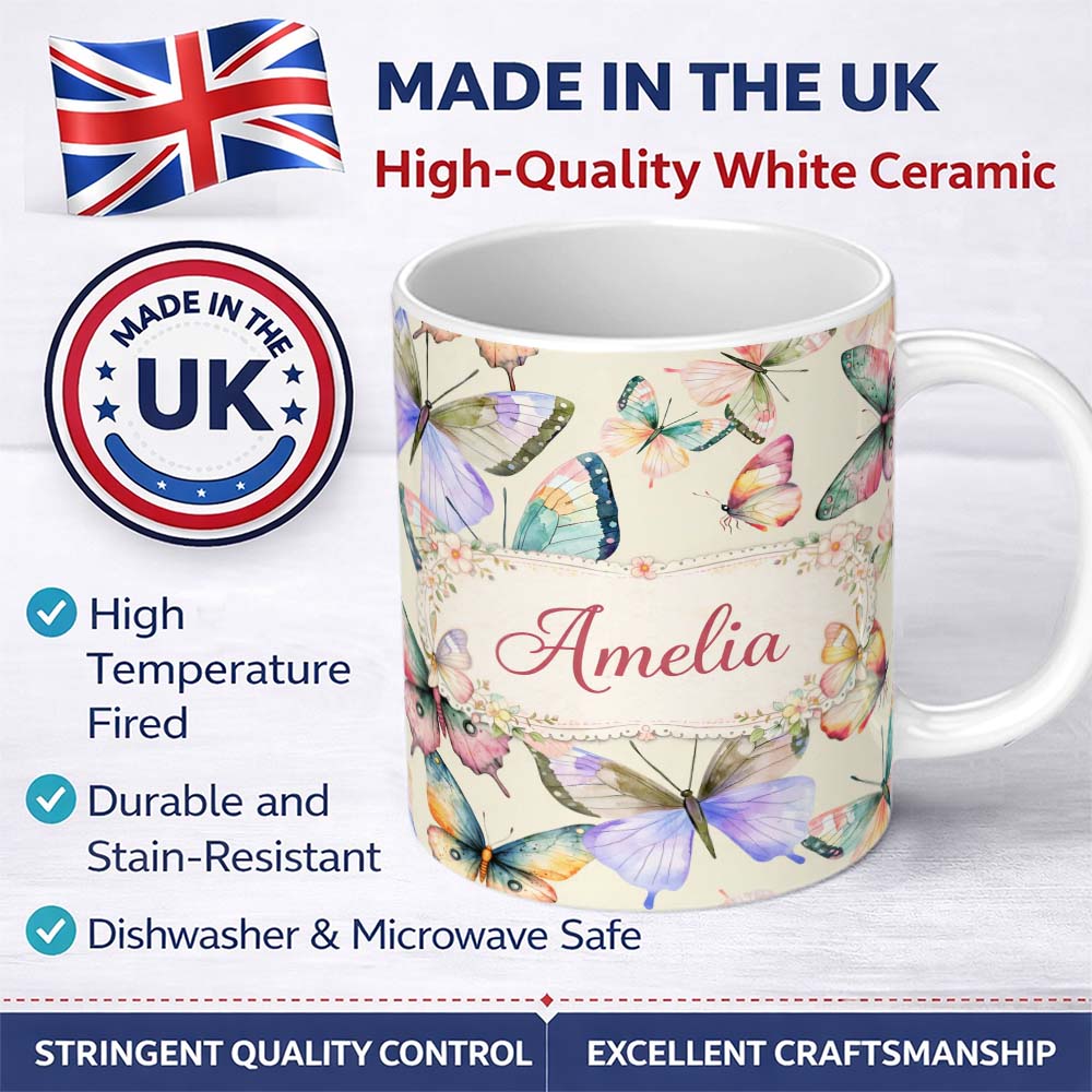 Personalized Custom Name Pastel Watercolor Butterflies Cream Background Seamless Pattern 11oz Ceramic Coffee Tea Mug White Large Handle
