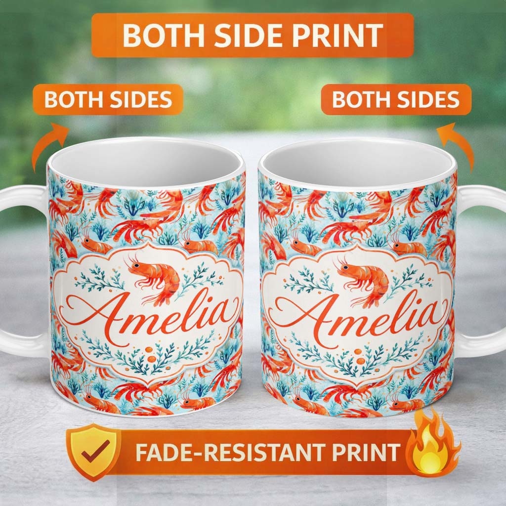 Personalized Custom Name Cute LShrimp with Seaweed Botanical Design Seamless Pattern Lovely 11oz Ceramic Coffee Tea Mug White Large Handle