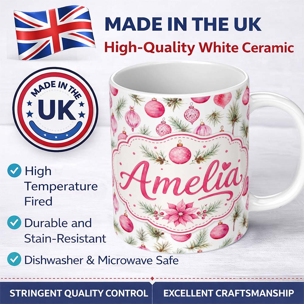 Personalized Custom Name Watercolor Pink Christmas Ornaments Pine Branch Seamless Pattern 11oz Ceramic Coffee Tea Mug White Large Handle