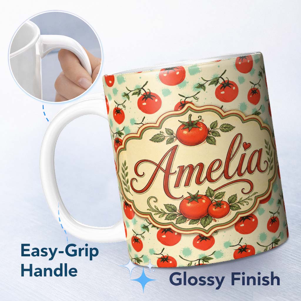 Personalized Custom Name Playful Cherry Tomatoes with Mint Splash Background Seamless Pattern 11oz Ceramic Coffee Tea Mug White Large Handle