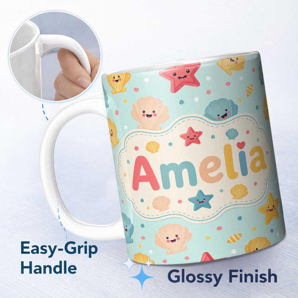 Personalized Custom Name Cute Kawaii Seashells Starfish Pastel Ocean Confetti Seamless Lovely 11oz Ceramic Coffee Tea Mug White Large Handle