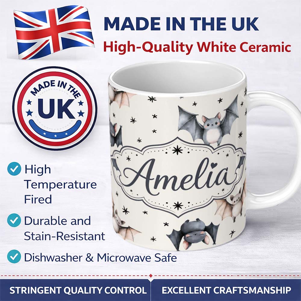 Personalized Custom Name Cute Watercolor Bats and Stars Seamless Pattern Light Neutral Lovely 11oz Ceramic Coffee Tea Mug White Large Handle