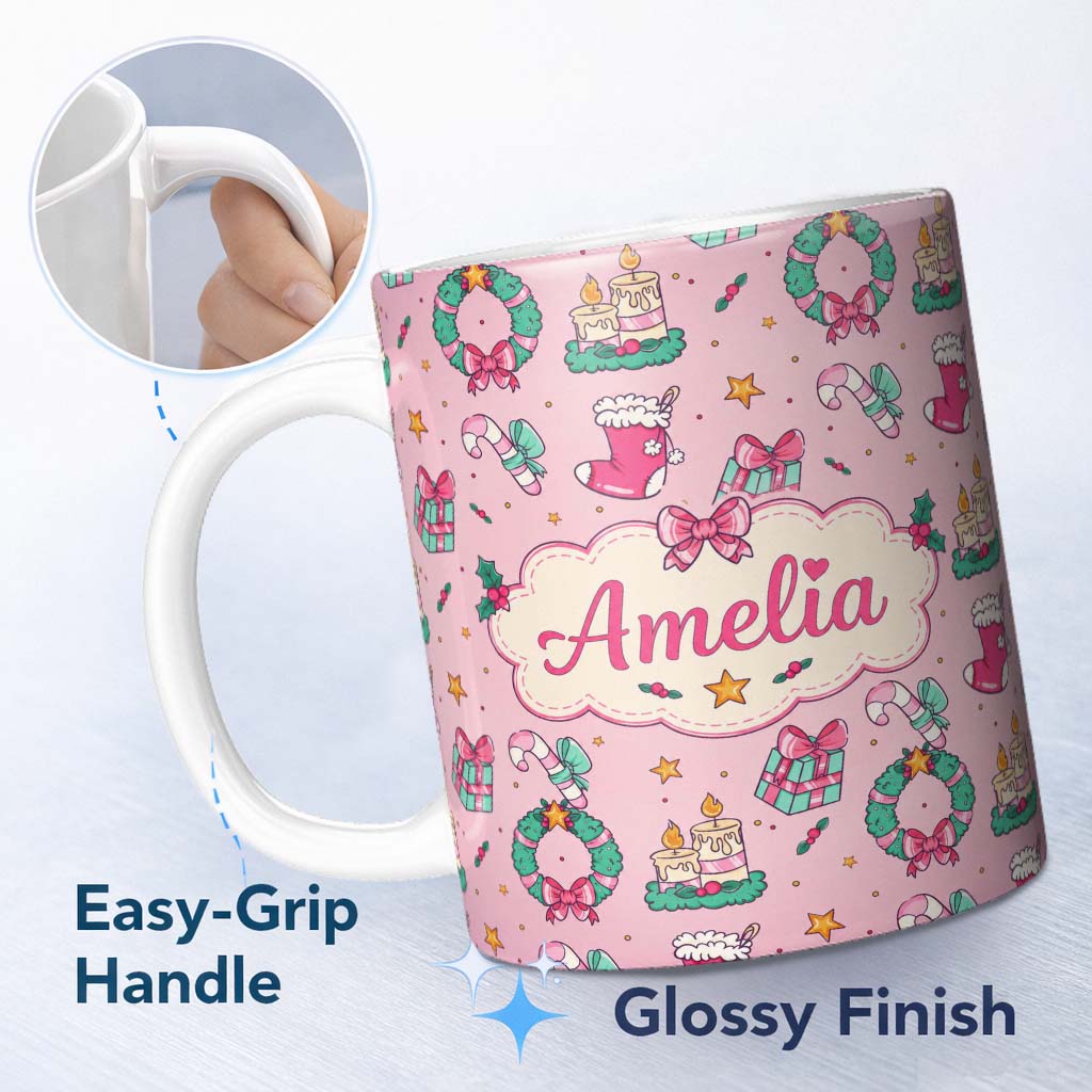 Personalized Custom Name Cute Christmas Wreaths Gifts Candy Canes Seamless Pattern Lovely 11oz Ceramic Coffee Tea Mug White Large Handle