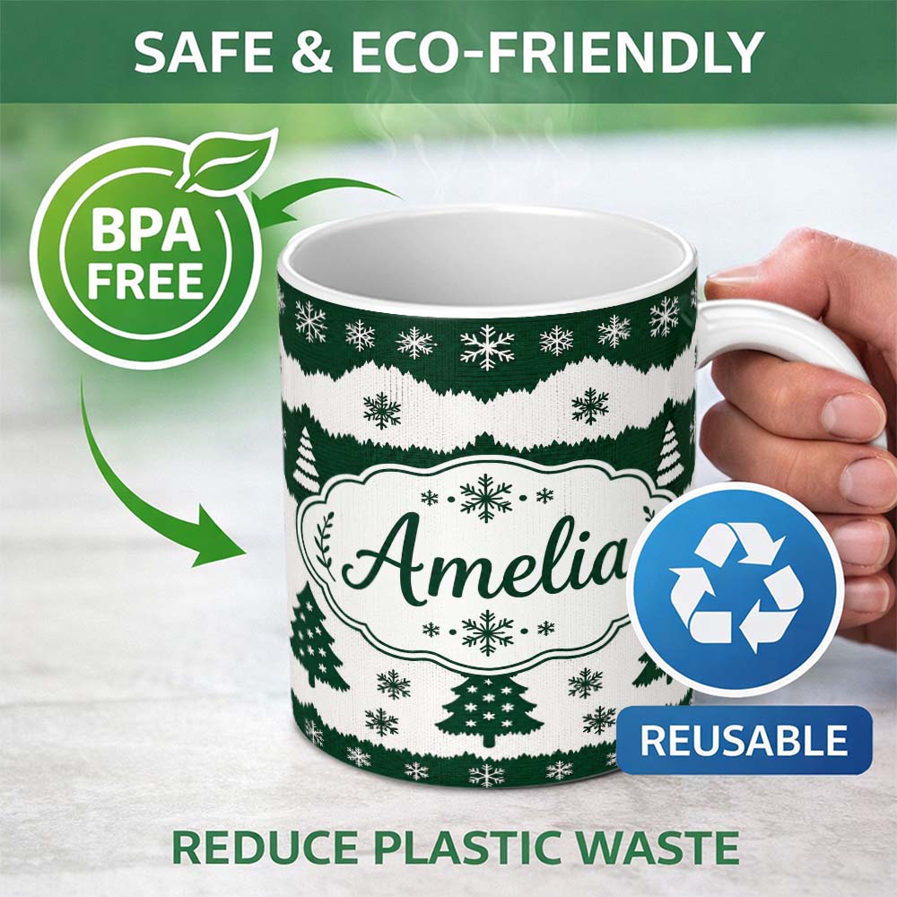 Personalized Custom Name Green White Snowflakes Christmas Trees Winter Seamless Pattern 11oz Ceramic Coffee Tea Mug White Large Handle